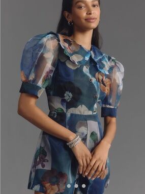 Maeve Blue organza Floral Patchwork Puff-Sleeve Mini Dress. 10P NWT